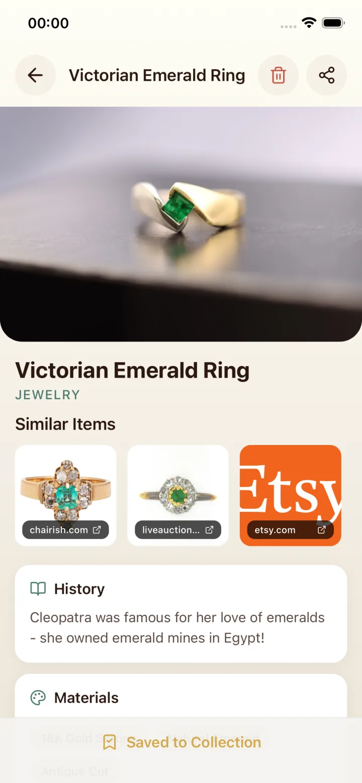 Antique Identifier displays an item detail page with similar item previews, an estimated value range, and a description.